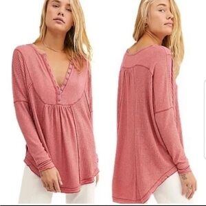 Free People Leo Henley Thermal Top | Oversized Waffle Knit Long Sleeve Size M